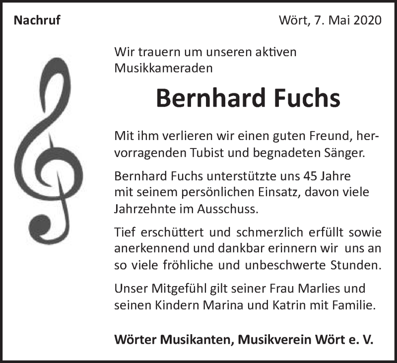  Traueranzeige für Bernhard Fuchs vom 07.05.2020 aus Schwäbische Post