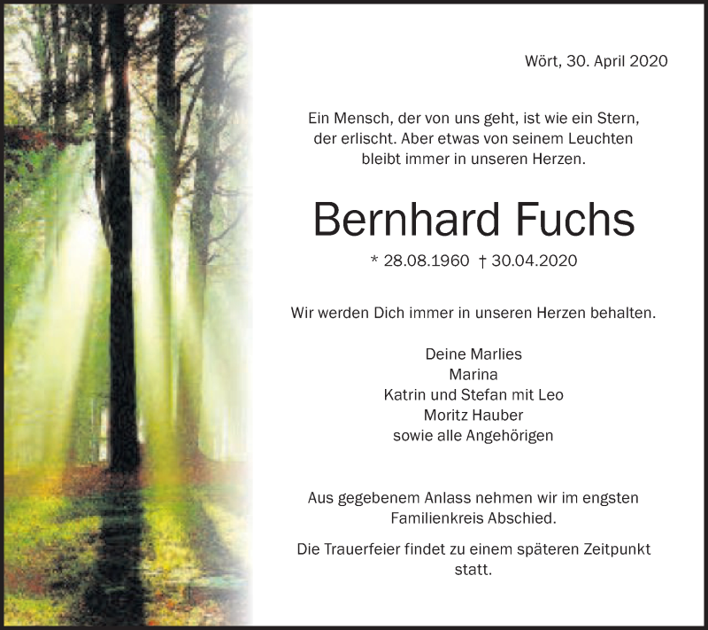  Traueranzeige für Bernhard Fuchs vom 05.05.2020 aus Schwäbische Post
