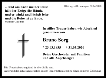 Traueranzeige von Bruno Sorg von Schwäbische Post