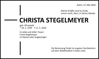 Traueranzeige von Christa Stegelmeyer von Schwäbische Post