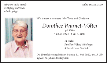 Traueranzeige von Dorothee Warnet-Völter von Schwäbische Post