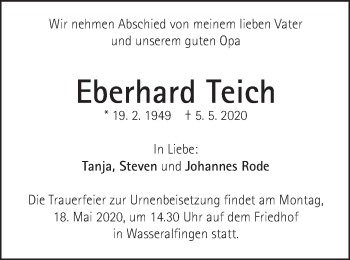 Traueranzeige von Eberhard Teich von Schwäbische Post