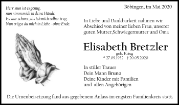 Traueranzeige von Elisabeth Bretzler von Gmünder Tagespost