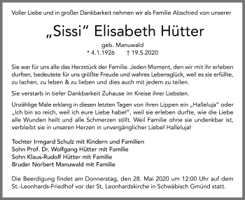 Traueranzeige von Elisabeth Hütter von Gmünder Tagespost