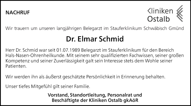  Traueranzeige für Elmar Schmid vom 27.05.2020 aus Gmünder Tagespost