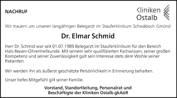 Traueranzeige von Elmar Schmid von Gmünder Tagespost