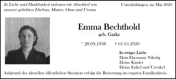 Traueranzeige von Emma Bechthold von Gmünder Tagespost