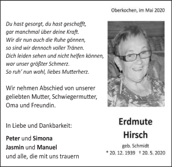Traueranzeige von Erdmute Hirsch von Amtsblatt_Oko