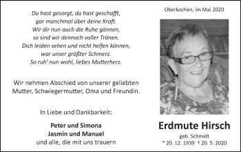 Traueranzeige von Erdmute Hirsch von Schwäbische Post