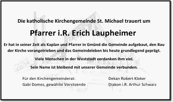Traueranzeige von Erich Laupheimer von Gmünder Tagespost