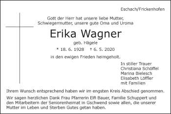 Traueranzeige von Erika Wagner von Gmünder Tagespost