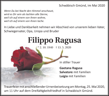 Traueranzeige von Filippo Ragusa von Gmünder Tagespost
