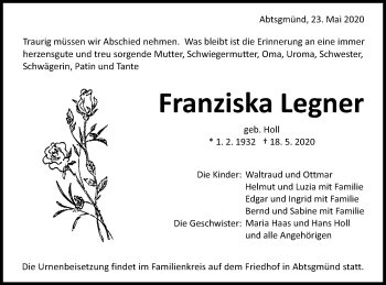 Traueranzeige von Franziska Legner von Schwäbische Post