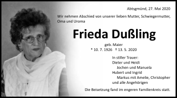 Traueranzeige von Frieda Dußling von Schwäbische Post