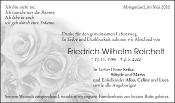 Traueranzeige von Friedrich-Wilhelm Reichelt von Schwäbische Post