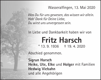 Traueranzeige von Fritz Harsch von Schwäbische Post