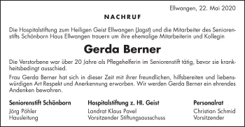 Traueranzeige von Gerda Berner von Schwäbische Post