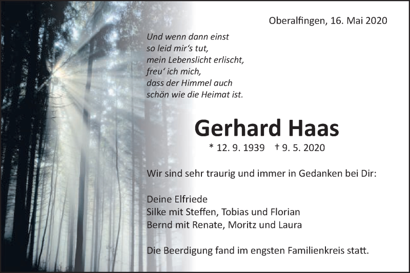  Traueranzeige für Gerhard Haas vom 16.05.2020 aus Schwäbische Post
