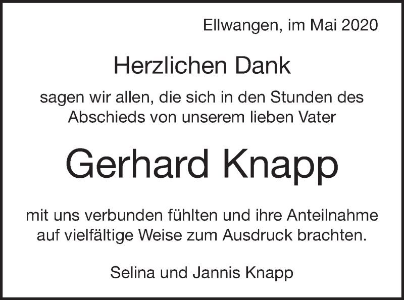  Traueranzeige für Gerhard Knapp vom 23.05.2020 aus Schwäbische Post