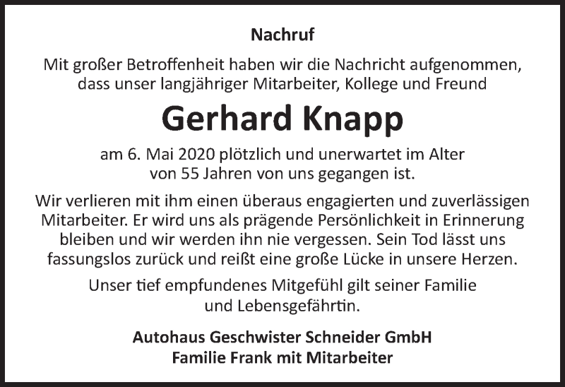  Traueranzeige für Gerhard Knapp vom 11.05.2020 aus Schwäbische Post