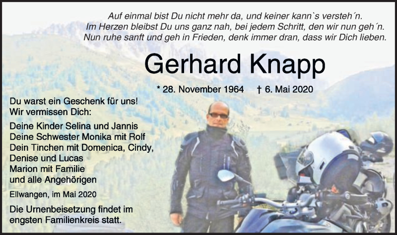  Traueranzeige für Gerhard Knapp vom 09.05.2020 aus Schwäbische Post