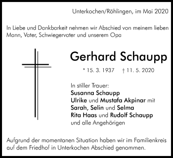 Traueranzeige von Gerhard Schaupp von Schwäbische Post