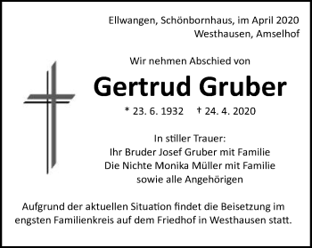 Traueranzeige von Gertrud Gruber von Schwäbische Post