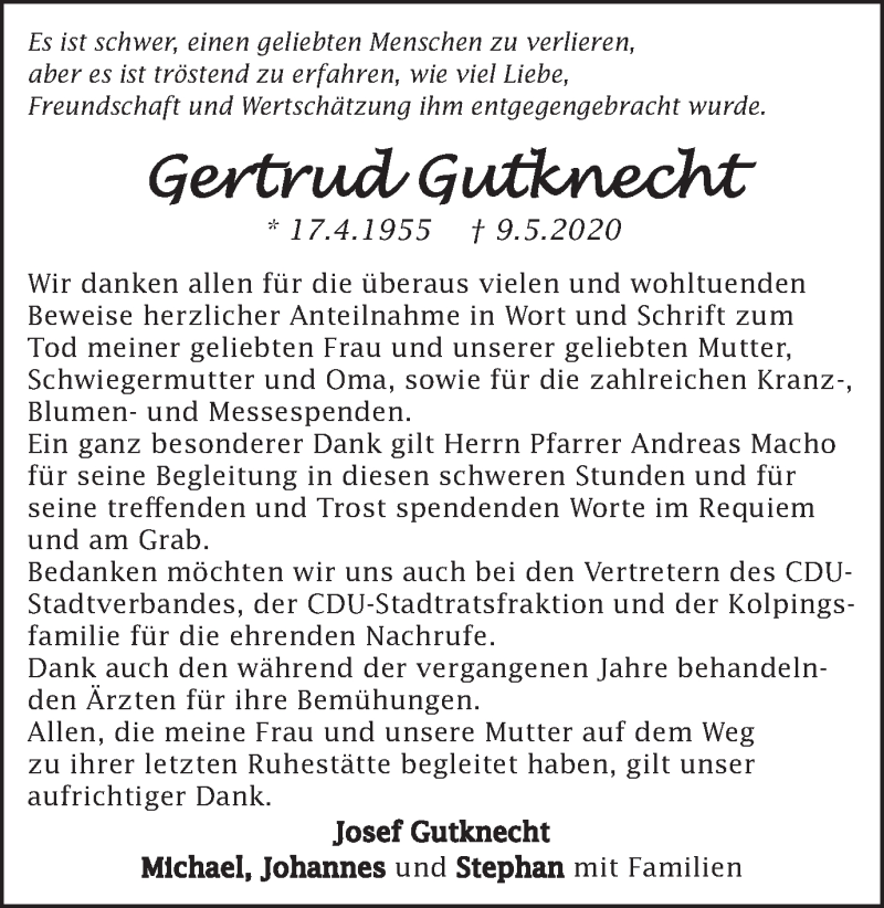  Traueranzeige für Gertrud Gutknecht vom 22.05.2020 aus Amtsblatt_Oko
