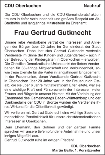 Traueranzeige von Gertrud Gutknecht von Amtsblatt_Oko