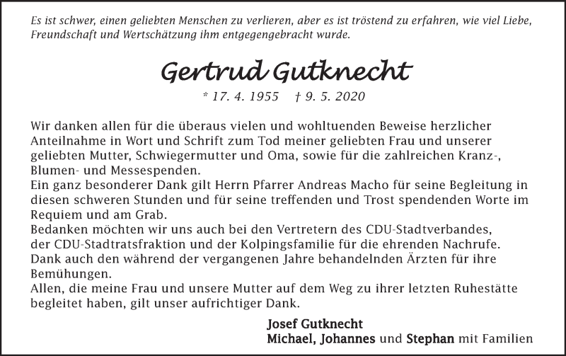  Traueranzeige für Gertrud Gutknecht vom 23.05.2020 aus Schwäbische Post