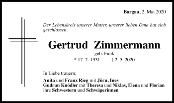 Traueranzeige von Gertrud Zimmermann von Gmünder Tagespost