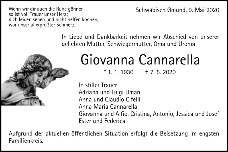  Traueranzeige für Giovanna Cannarella vom 09.05.2020 aus Gmünder Tagespost