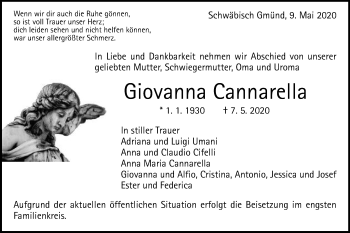 Traueranzeige von Giovanna Cannarella von Gmünder Tagespost
