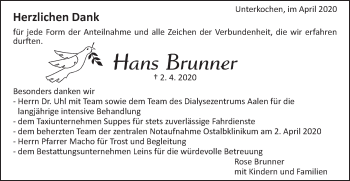 Traueranzeige von Hans Brunner von Schwäbische Post