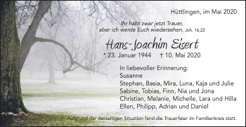 Traueranzeige von Hans-Joachim Eisert von Schwäbische Post