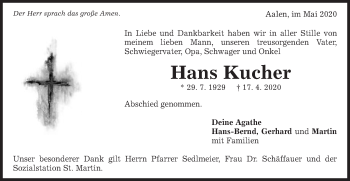 Traueranzeige von Hans Kucher von Schwäbische Post