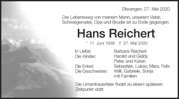 Traueranzeige von Hans Reichert von Schwäbische Post
