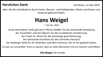 Traueranzeige von Hans Weigel von Schwäbische Post