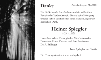 Traueranzeige von Heiner Spiegler von Schwäbische Post