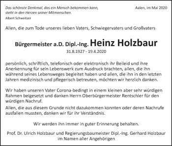 Traueranzeige von Heinz Holzbaur von Schwäbische Post