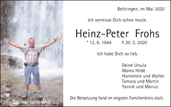 Traueranzeige von Heinz-Peter Frohs von Gmünder Tagespost