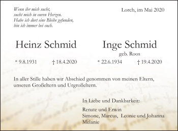 Traueranzeige von Heinz und Inge Schmid von Gmünder Tagespost