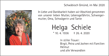 Traueranzeige von Helga Schiele von Gmünder Tagespost