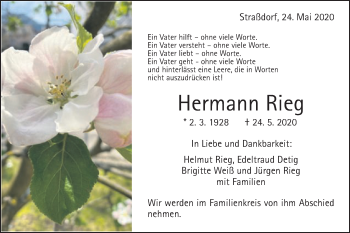 Traueranzeige von Hermann Rieg von Gmünder Tagespost