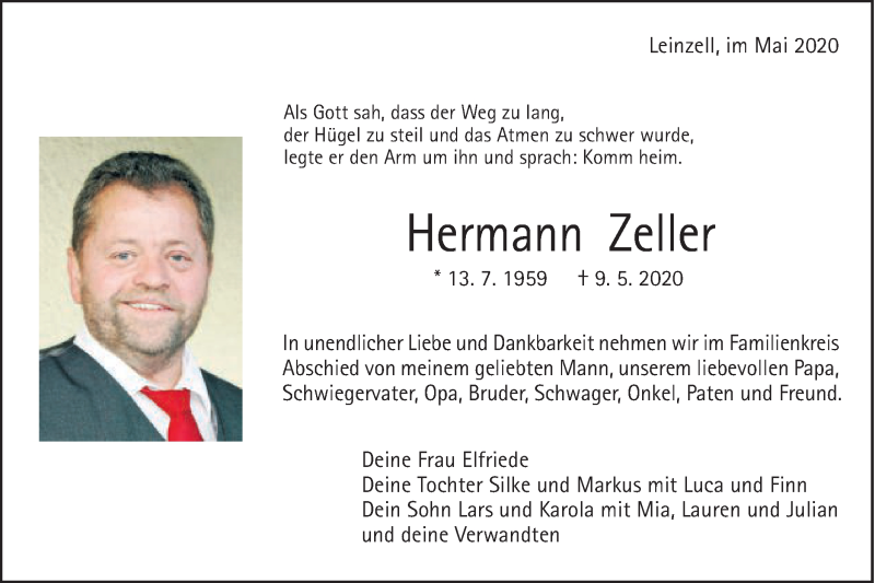  Traueranzeige für Hermann Zeller vom 15.05.2020 aus Gmünder Tagespost