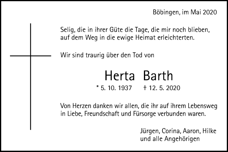  Traueranzeige für Herta Barth vom 14.05.2020 aus Gmünder Tagespost