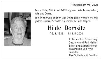 Traueranzeige von Hilde Domsitz von Gmünder Tagespost