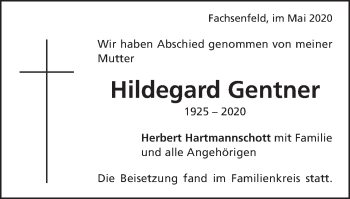 Traueranzeige von Hildegard Gentner von Schwäbische Post