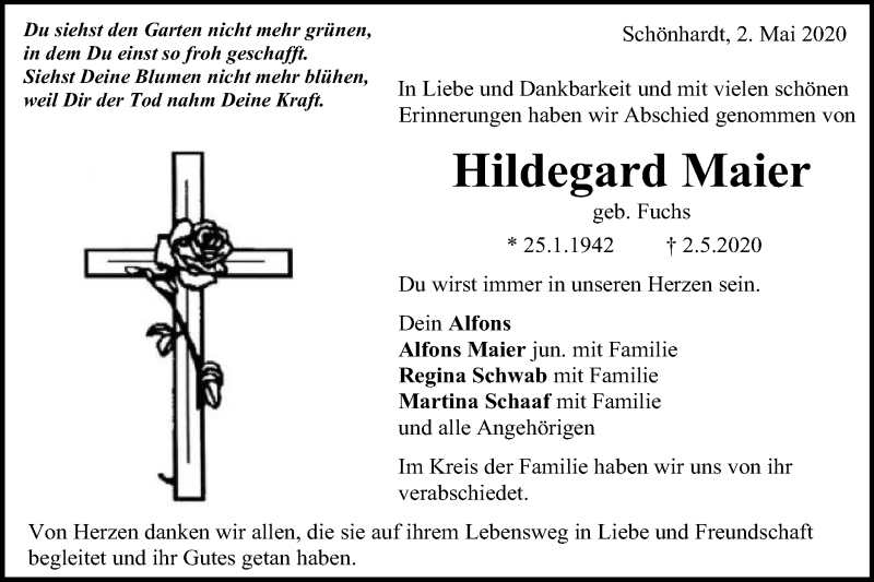  Traueranzeige für Hildegard Maier vom 08.05.2020 aus Gmünder Tagespost