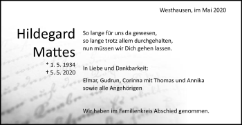 Traueranzeige von Hildegard Mattes von Schwäbische Post